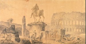 Landscape With The Colosseum And The Monument To Marcus Aurelius — Hubert Robert