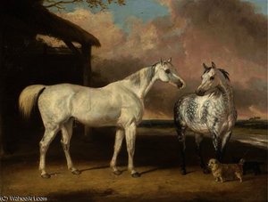 Hunters and terriers by a barn, in a river landscape