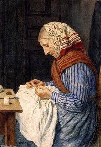 A Farmer's Wife, Sewing — Albert Samuel Anker