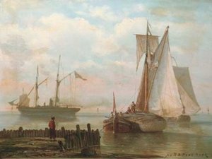 Sailing Vessels And A Steamship On A Calm — Johannes Hermann Barend Koekkoek