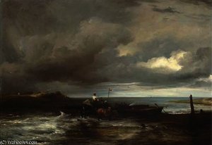 An Estuary Scene With Figures Unloading A Ferry — Frederick Richard Lee