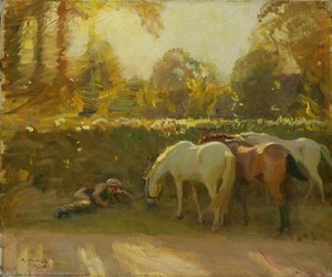 Gypsy Horses Grazing By A Roadside With A Boy Asleep On A Verge — Sir Alfred James Munnings
