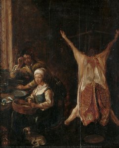 Two Peasants In A Kitchen Interior With A Pig's Carcass Hanging Nearby — Jan Miense Molenaer