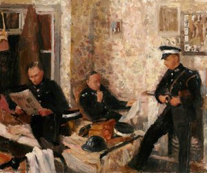 First Aid Post, With Three St John Ambulance Brigade Men In A Domestic Interior — Rupert Shephard