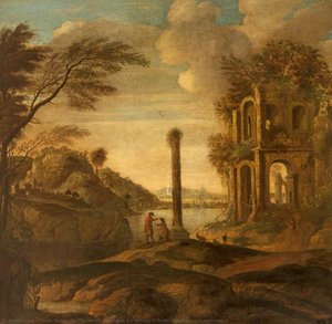 Figures Conversing In A Capriccio Of Ruins In An Estuary Landscape — Tobias Verhaecht