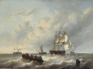 A Three-master And A Paddlesteamer On A Choppy Sea — George Willem Opdenhoff