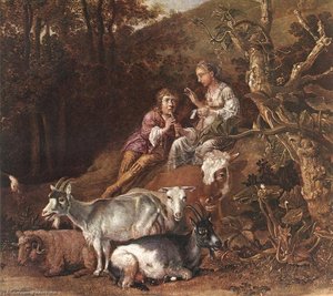 Landscape With Shepherdess And Shepherd Playing Flute (detail) — Paulus Potter