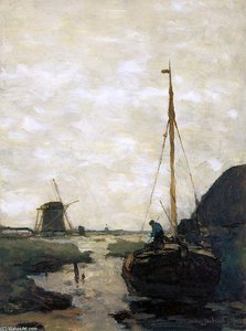 Ship In Polder Canal — Johan Hendrik Weissenbruch