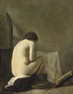Seated nude bathing by a stove