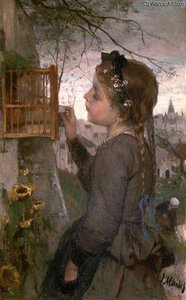 A Girl Feeding A Bird In A Cage — Jacob Henricus Maris