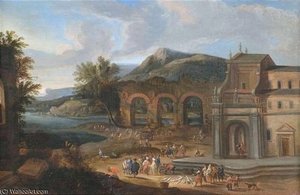 Fish Market In Front Of A Church At A Stream Course — Mathys Schoevaerdts