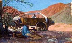 Amice Calverly Sitting Writing Or Sketching With Joey, Their Expedition Car And Their Egyptian Servant — Myrtle Broome