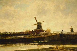 View Of The Mill And Bridge At The Noordwest Buitensingel In The Hague — Jacob Henricus Maris, Impressionism