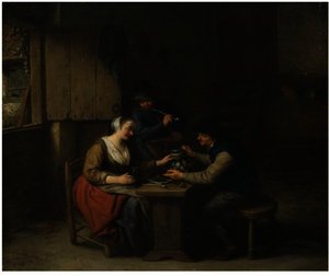 A Tavern Interior With Two Boors Seated At A Table Drinking, A Third Standing Behind Smoking A Pipe — Adriaen Van Ostade