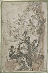 Three Figures Watching A Crowd Of People Worshiping An Idol On An Altar — Luca Giordano
