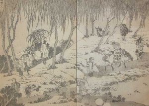 Fuji Over A Willow Bank — Katsushika Hokusai, Ukiyo-e Style