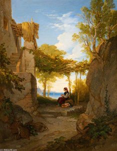 A Mother And Child Beneath An Arbour At Evening