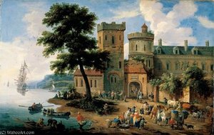 A Coastal Landscape With A Crowded Fish Market Before The Walls Of A Town — Mathys Schoevaerdts