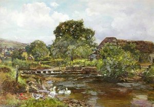 River Teign With Stepping Stones And Ducks — Henry John Yeend King