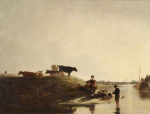 View Near Windsor, With Cows And Fishermen — William Ingalton