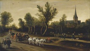 Landscape With Riders In A Carriage Passing A Church — Esaias Van De Velde I