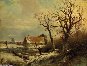 A Winter Landscape With A Wood Gatherer On A Snowy Track — Pieter Lodewijk Francisco Kluyver, Impressionism