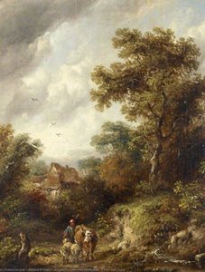 A Country Lane With Herdsman, A Cow And Sheep — Richard H Hilder