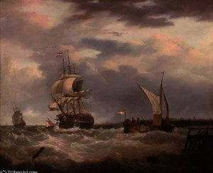 A dutch emigrant ship dropping the pilot and leaving her homeland astern