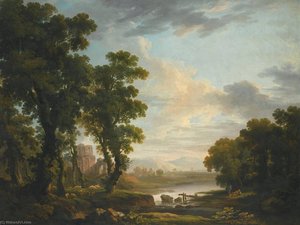 An Extensive Wooded River Landscape, With Shepherds Reclining In The Foreground And Ruins Beyond — George Barret The Elder