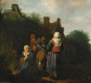 A Peasant Family Gathered Before an Open Fire