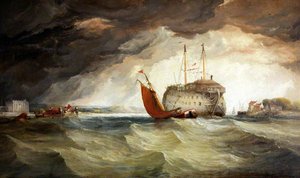 Fishing Boat by a Hulk Ship in an Estuary