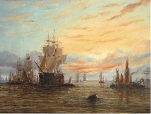 A Three-decker In A Busy Anchorage At Dusk — Adolphus Knell