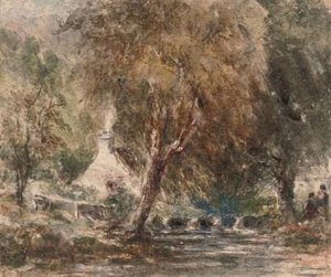 Figures On The Banks Of A River In A Wooded Landscape — David Cox