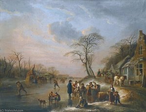 A Winter Landscape With Figures Seated Outside A Tavern On The Frozen River — Andries Vermeulen