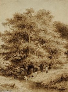 Personages En Twee Koeien In Landschap