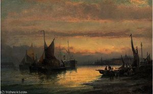 Unloading The Day's Catch At Dusk; And Hay Barges And A Steamer Anchored Off The Beach At Dusk — William A. Thornley (thornbery)