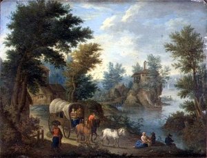 A Wooded River Landscape With Travellers — Joseph Van Bredael, Baroque