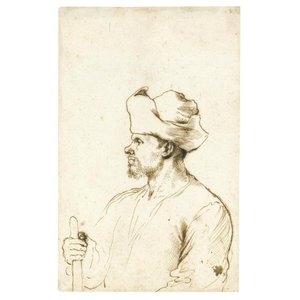A Man Seen In Profile, Half Length, Wearing A Hat And Holding A Stick — Guercino