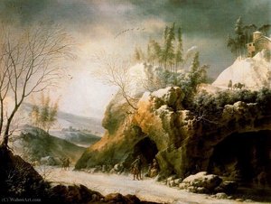 Winter landscape in the Apennines with a cave