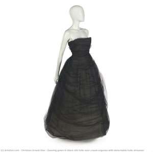 Evening Gown In Black Silk Tulle Over Cream Organza With Detachable Tulle Streamer — Christian Ernest Dior
