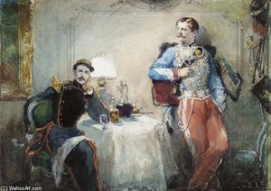 An Officer Sitting At A Table Near Hussard Standing Holding A Glass Of Wine — Eugene Louis Lami