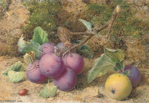 Still Life Of Plums And An Apple On A Mossy Bank — William Hough