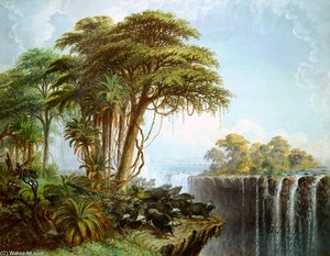 Buffalos Driven To The Edge Of The Chasm Opposite Garden Island, Victoria Falls — Thomas Baines