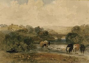Cows Beside The River, A Castle On The Hill Beyond, In A Rural Landscape — Peter De Wint