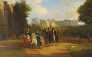 Windsor Castle With Queen Victoria, Prince Albert And Arthur Wellesley, 1st Duke Of Wellington, Riding From The Castle — Jennens Bettridge
