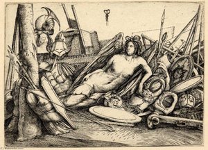 A Female Figure Of Victory Reclining Amid A Pile Of Trophies Of War — Jacopo Barbari