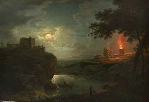 A Castle And Burning Kiln Over A River By Moonlight — Abraham Pether