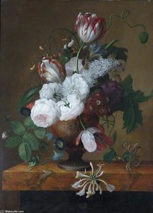Tulips, Honeysuckle, Peonies And Roses In An Urn