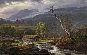 Norwegian Landskapet På Kaupanger Med Stavkyrkje Landskap Med Stavkirke Landscape At Kaupanger With Stave Church — Johan Christian Claussen Dahl