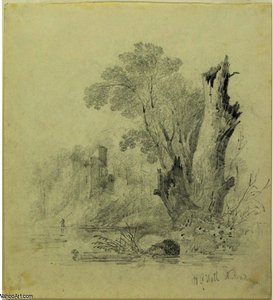 Riverside Landscape With Ruins And Tree Stump — William Guy Wall